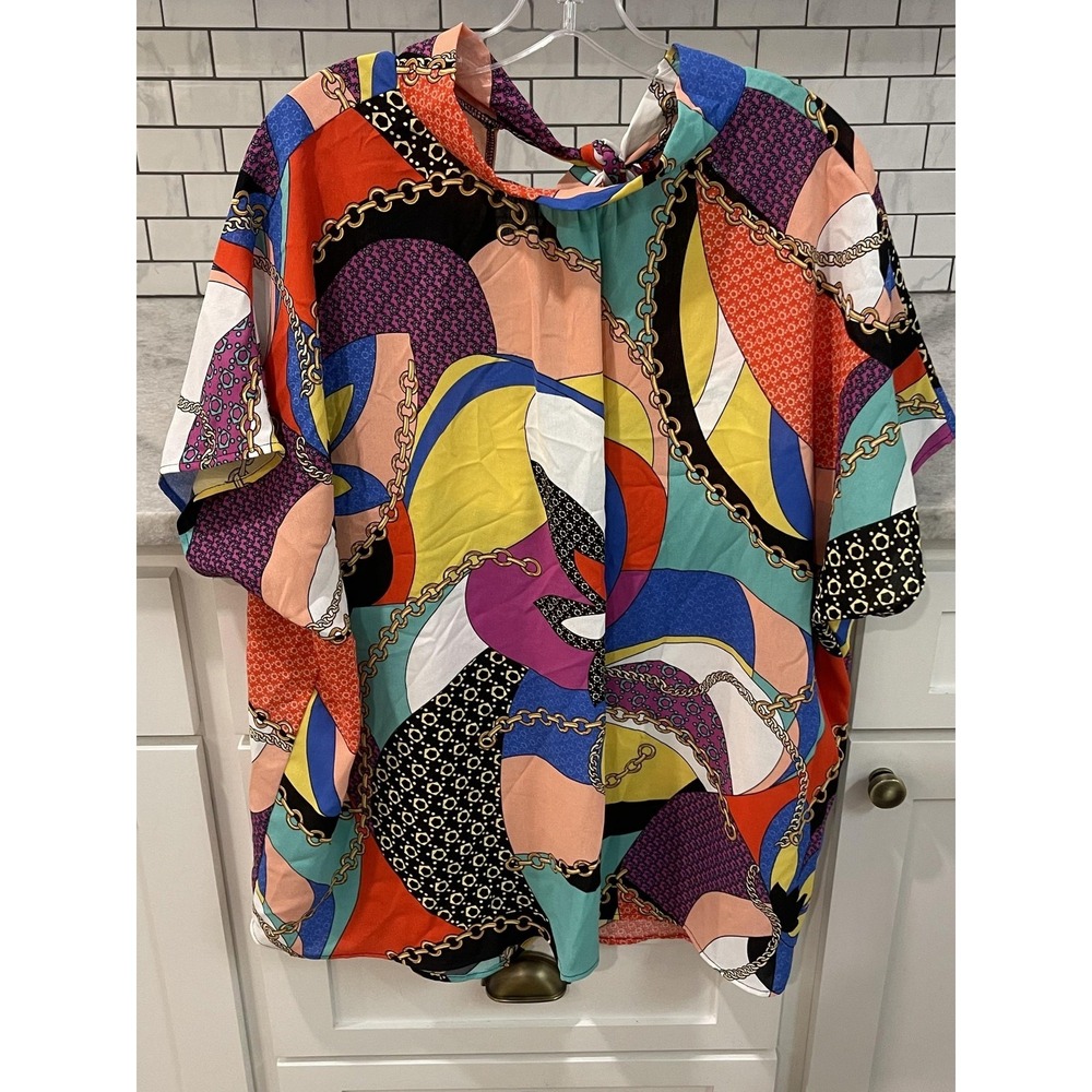 First Love Top Womens 1X Multicolor Equestrian Print Blouse Tunic New with Tags